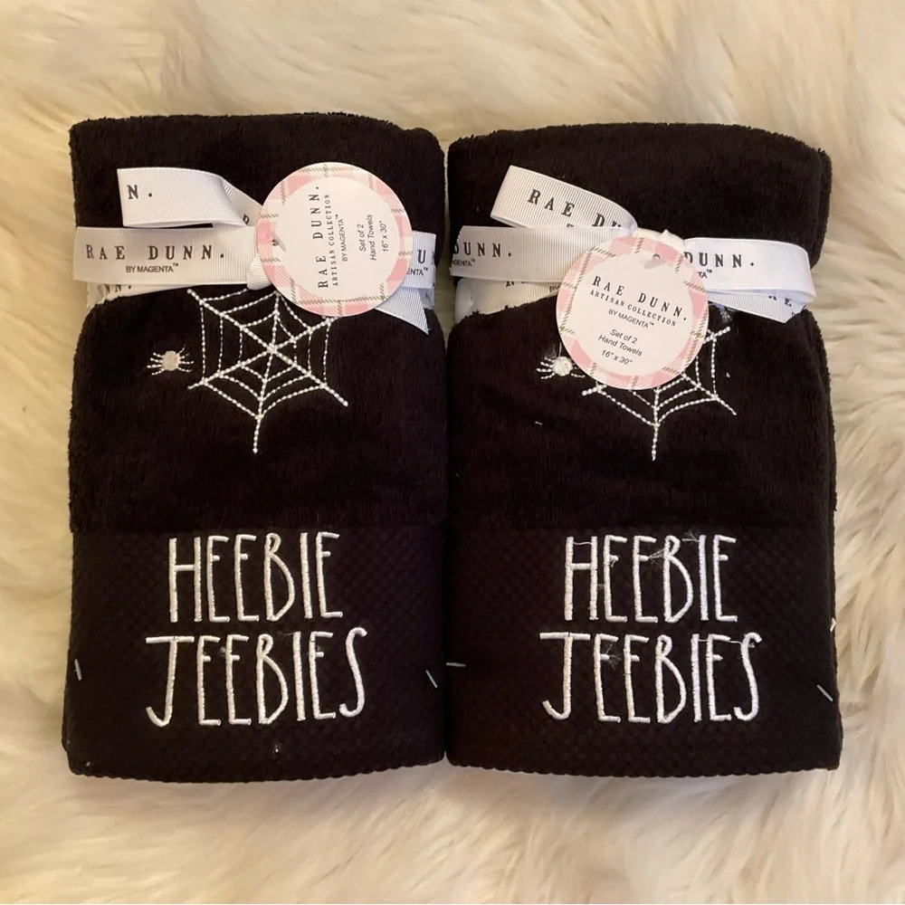Rae Dunn Heebie Jeebies Hand Towels - NWT x2 Set / 4 Towels - Spiders Halloween